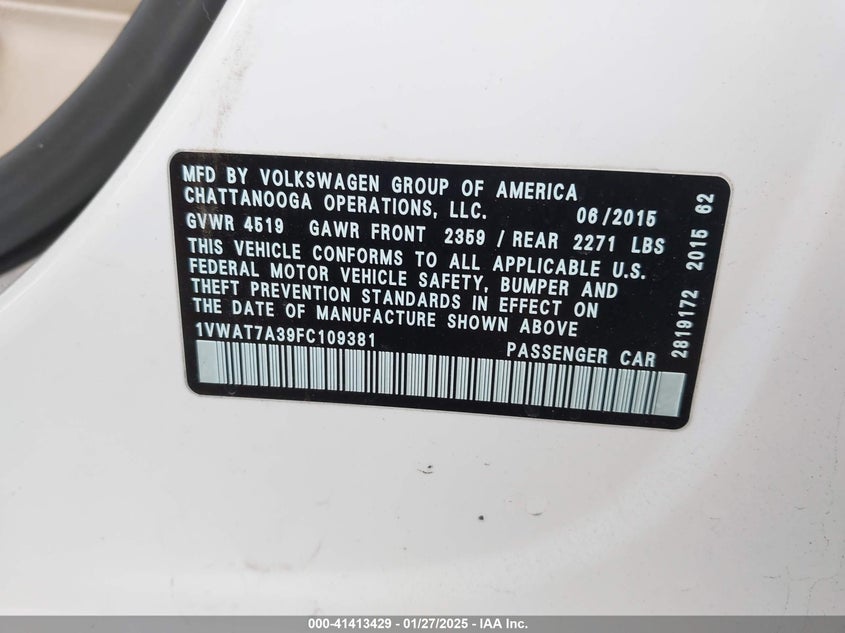 2015 VOLKSWAGEN PASSAT VIN: 1VWAT7A39FC109381