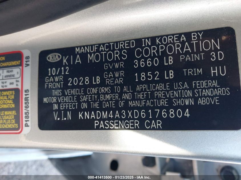 VIN KNADM4A3XD6176804 2013 KIA Rio, LX no.9