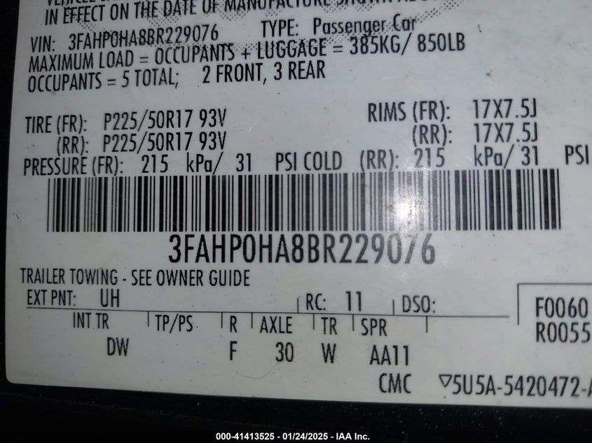 2011 FORD FUSION VIN: 3FAHP0HA8BR229076