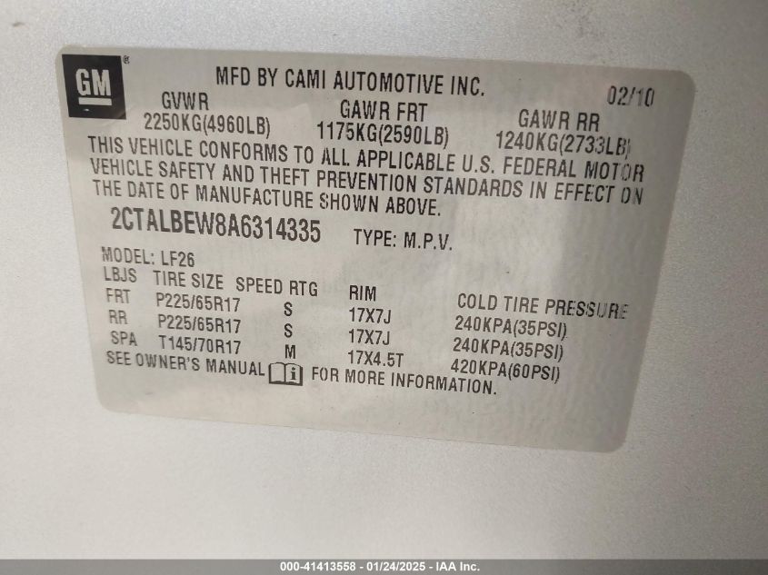 2010 GMC Terrain Sle-1 VIN: 2CTALBEW8A631433 Lot: 41413558