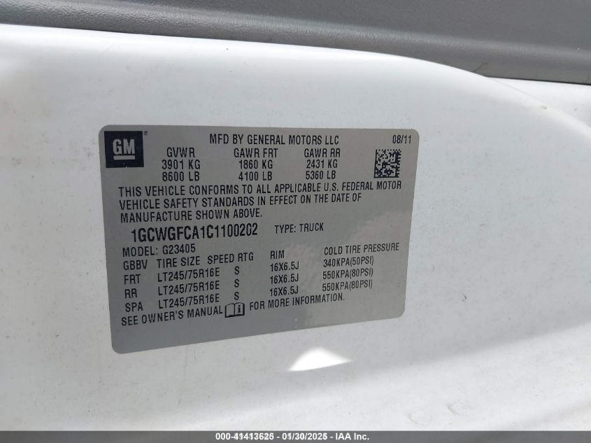 2012 Chevrolet Express 2500 Work Van VIN: 1GCWGFCA1C1100202 Lot: 41413625