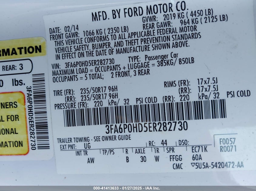 2014 Ford Fusion Se VIN: 3FA6P0HD5ER282730 Lot: 41413633