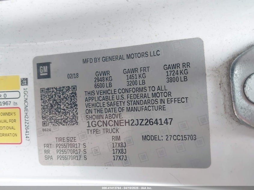 2018 CHEVROLET SILVERADO VIN: 1GCNCNEH2JZ264147