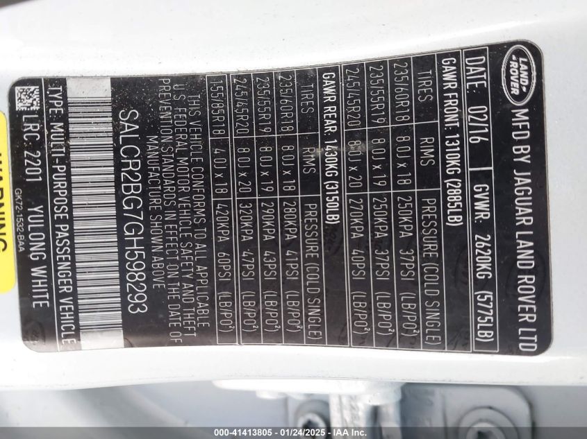 2016 Land Rover Discovery Sport Hse VIN: SALCR2BG7GH598293 Lot: 41413805