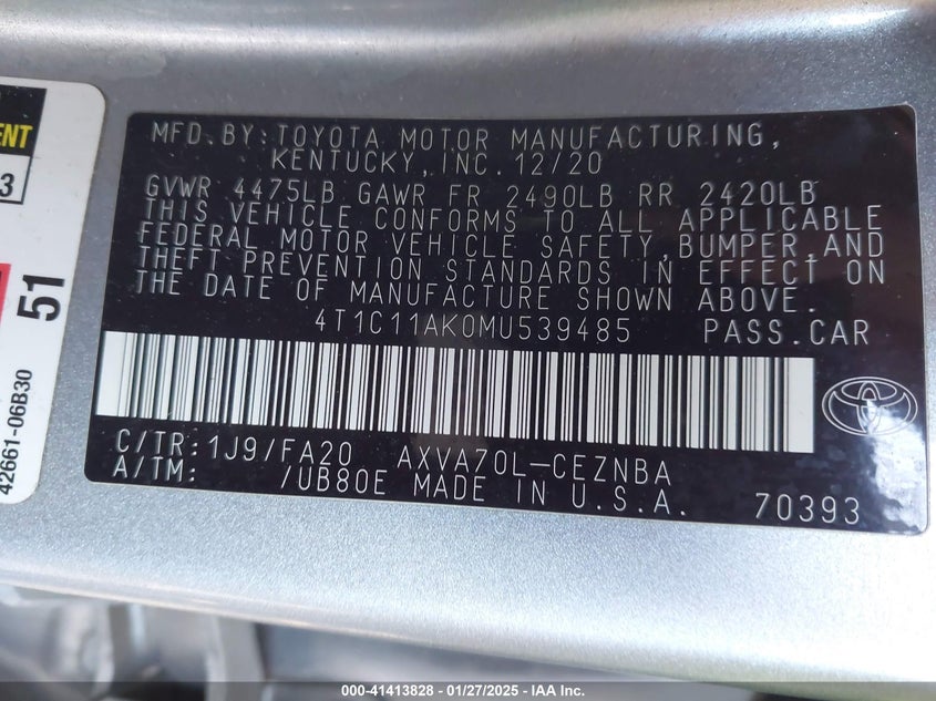 2021 TOYOTA CAMRY VIN: 4T1C11AK0MU539485