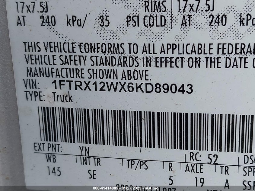 2006 FORD F-150 VIN: 1FTRX12WX6KD89043