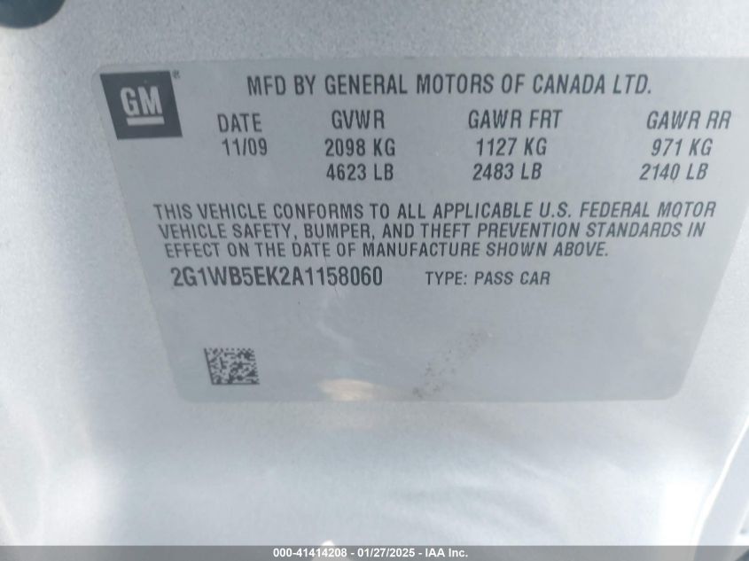2010 Chevrolet Impala Lt VIN: 2G1WB5EK1A1158060 Lot: 41414208