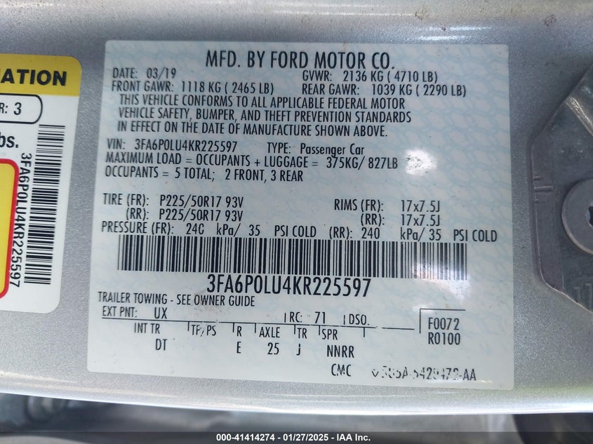2019 FORD FUSION VIN: 3FA6P0LU4KR225597