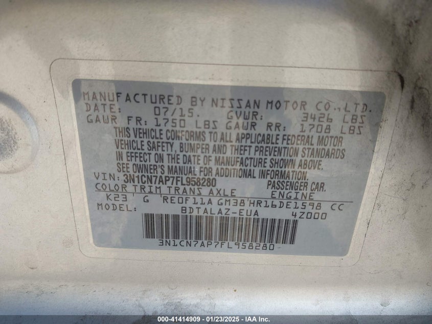 2015 NISSAN VERSA 1.6 S+ - 3N1CN7AP7FL958280