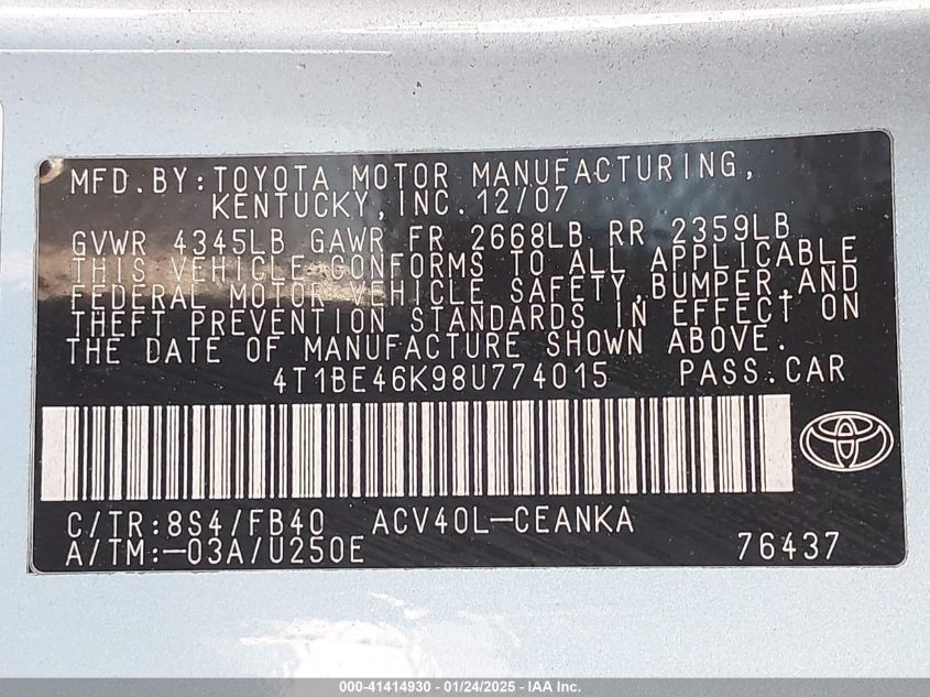 2008 Toyota Camry Le VIN: 4T1BE46K98U774015 Lot: 41414930