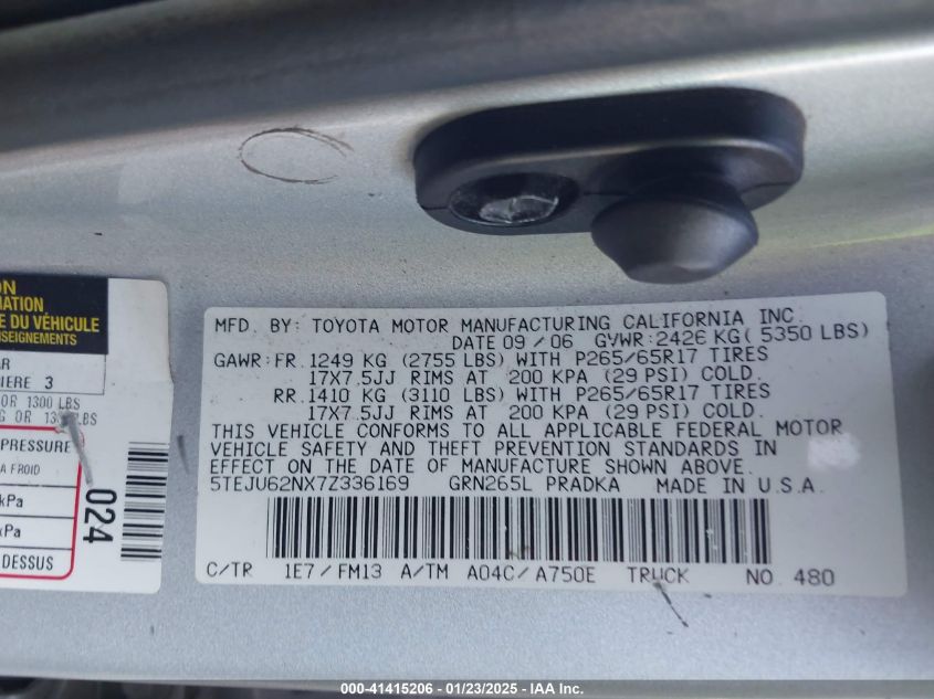 2007 Toyota Tacoma Prerunner V6 VIN: 5TEJU62NX7Z336169 Lot: 41415206