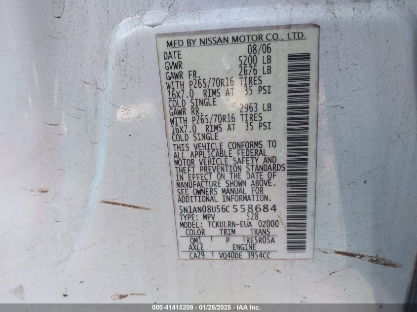 2006 Nissan Xterra S VIN: 5N1AN08U56C558684 Lot: 41415208