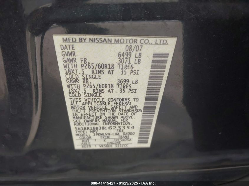 2008 Nissan Pathfinder Le V8 VIN: 5N1BR18B38C623354 Lot: 41415427