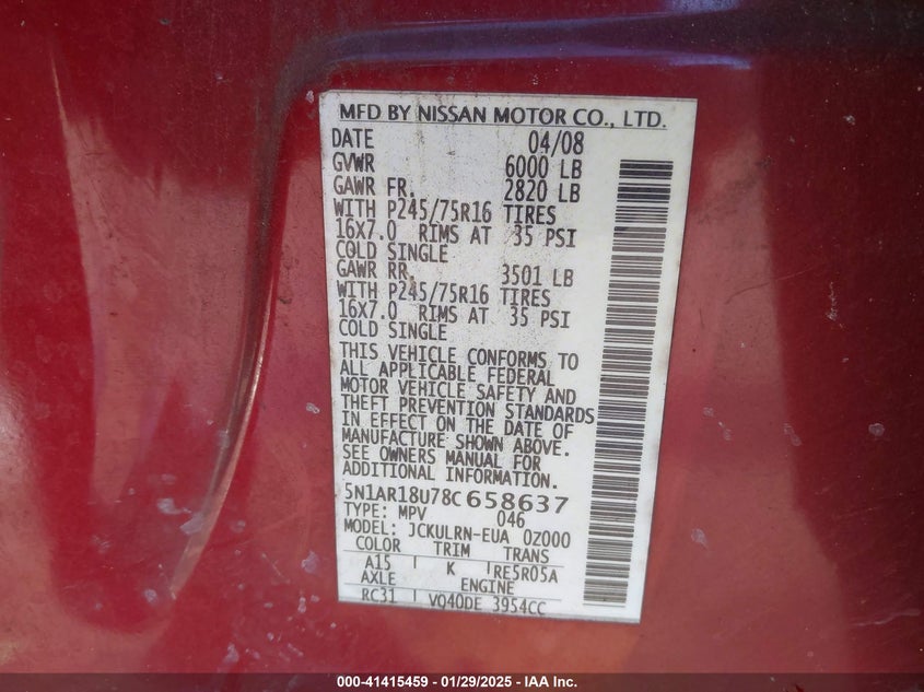 2008 NISSAN PATHFINDER VIN: 5N1AR18U78C658637