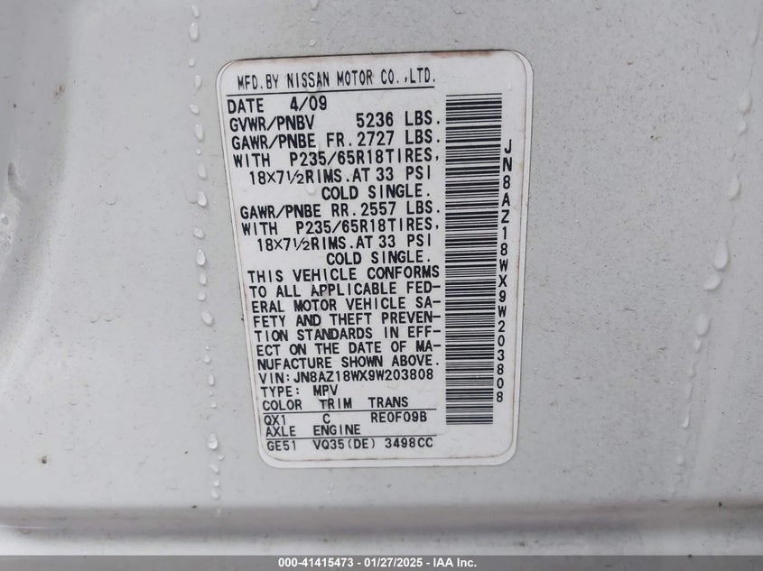 2009 NISSAN MURANO VIN: JN8AZ18WX9W203808