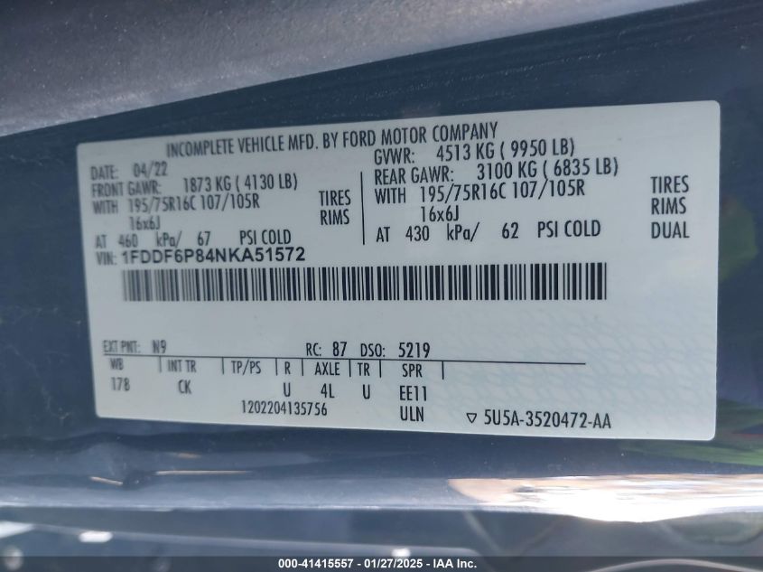 2022 Ford Transit-350 Cutaway VIN: 1FDDF6P84NKA51572 Lot: 41415557