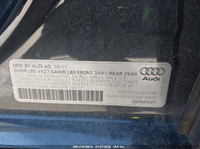 2012 Audi A4 2.0T Premium VIN: WAUFFAFL4CN013404 Lot: 41415614