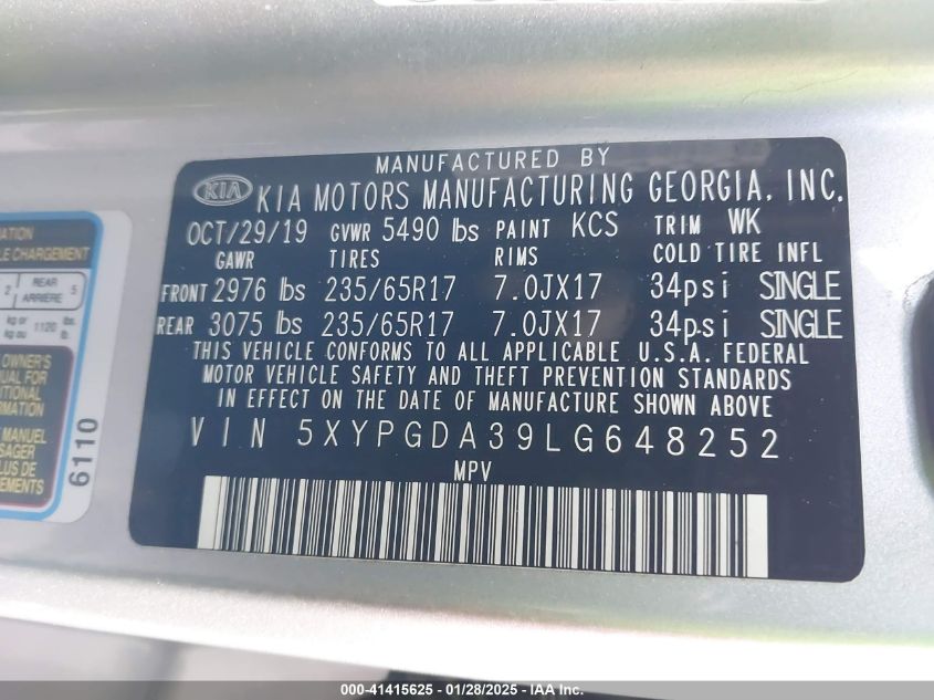 VIN 5XYPGDA39LG648252 2020 KIA SORENTO no.9