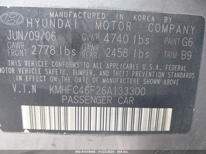 2006 Hyundai Azera Limited/Se VIN: KMHFC46F26A133300 Lot: 41415885