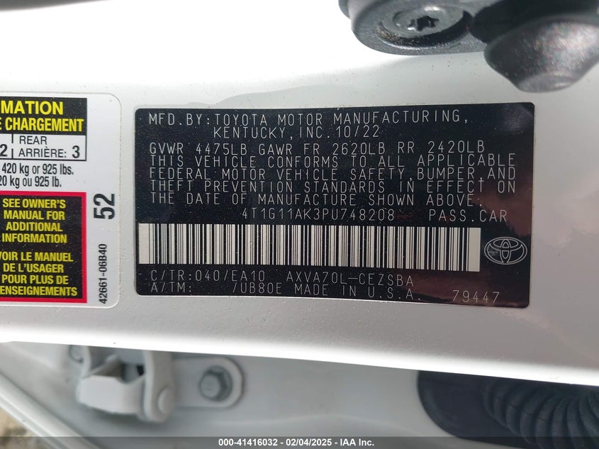 2023 TOYOTA CAMRY VIN: 4T1G11AK3PU748208