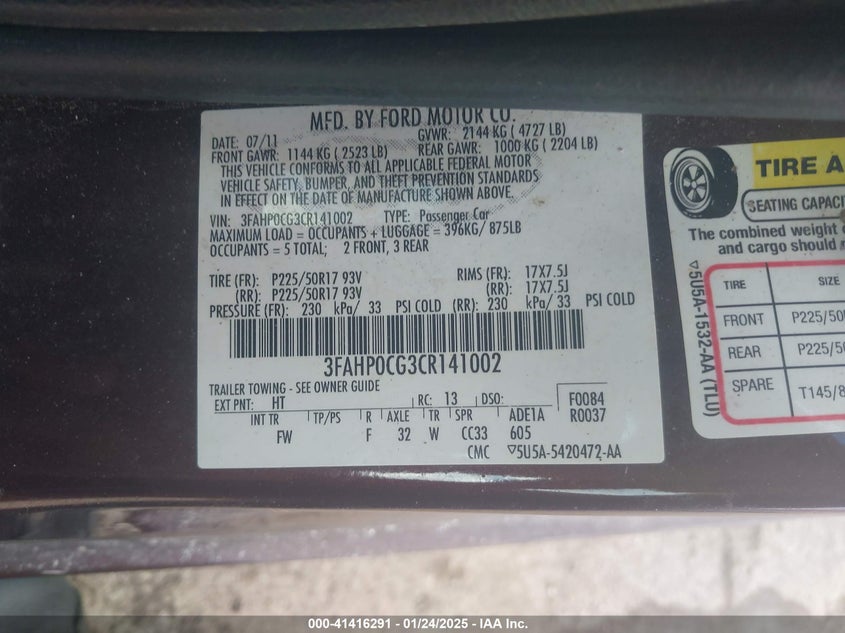 2012 FORD FUSION VIN: 3FAHP0CG3CR141002