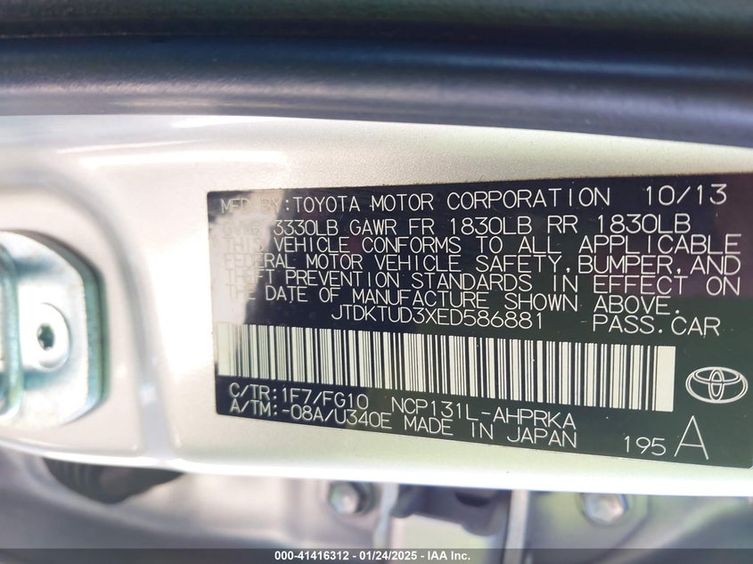 2014 TOYOTA YARIS VIN: JTDKTUD3XED586881