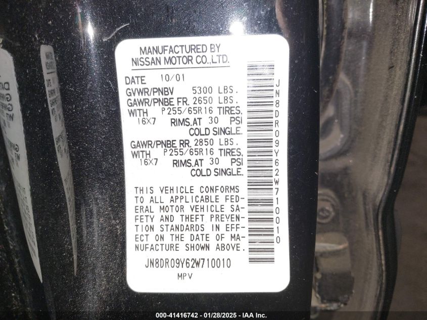 2002 Nissan Pathfinder Se VIN: JN8DR09Y62W710010 Lot: 41416742