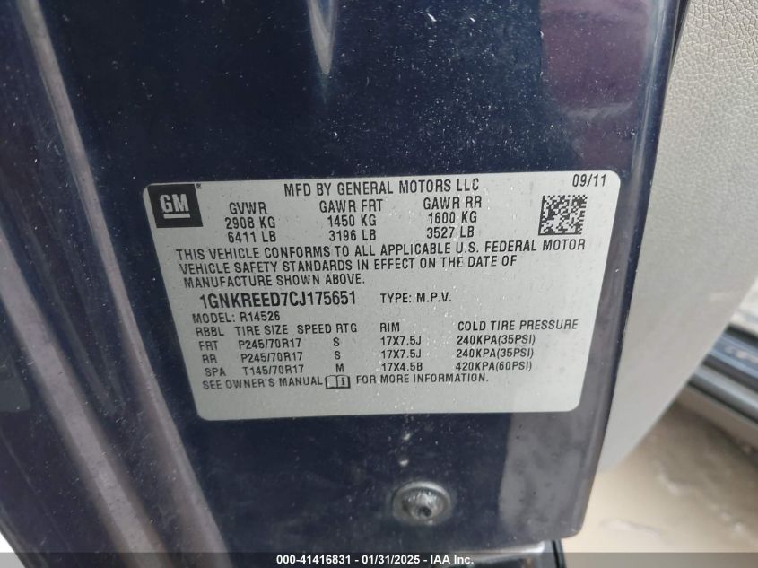 2012 Chevrolet Traverse Ls VIN: 1GNKREED7CJ175651 Lot: 41416831