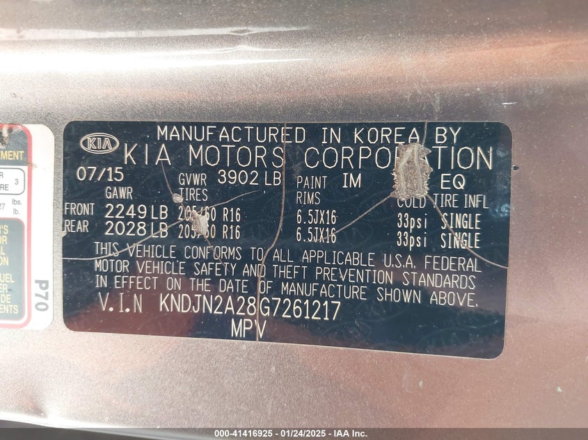 2016 KIA SOUL VIN: KNDJN2A28G7261217