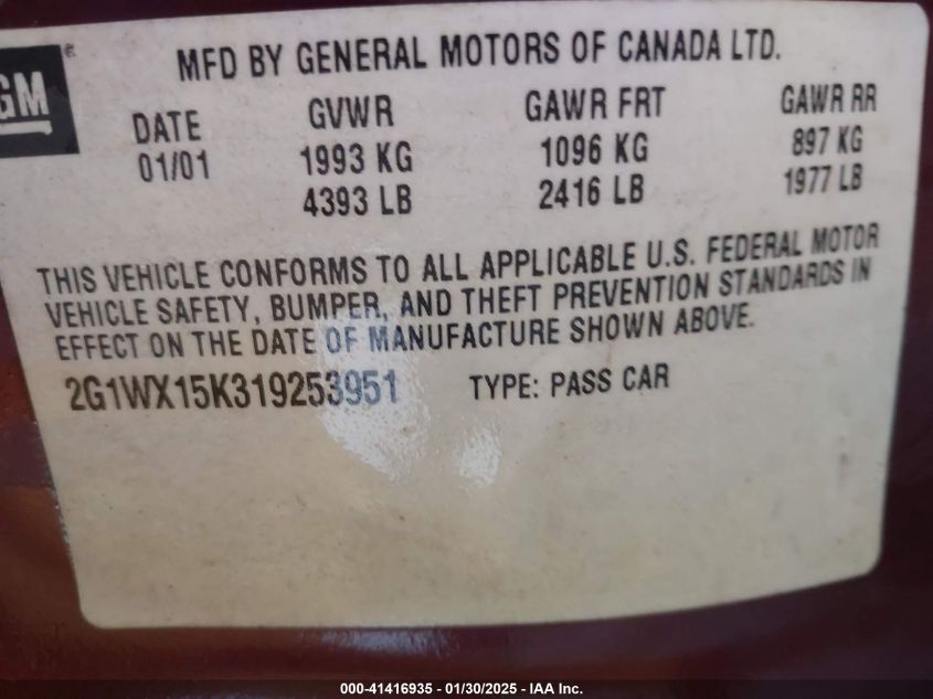 2001 Chevrolet Monte Carlo Ss VIN: 2G1WX15K319253951 Lot: 41416935