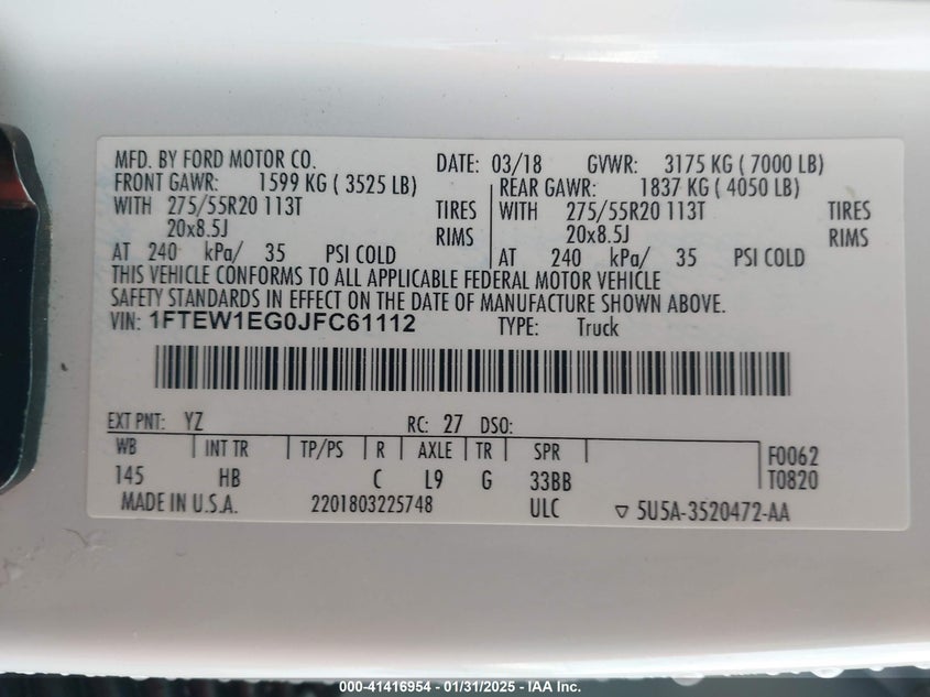2018 FORD F-150 VIN: 1FTEW1EG0JFC61112