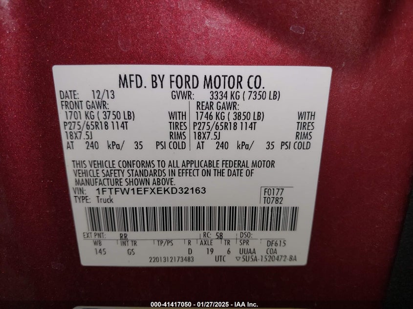 2014 FORD F-150 VIN: 1FTFW1EFXEKD32163