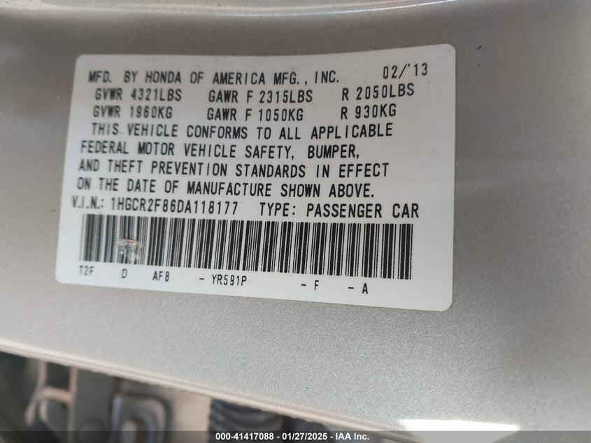 2013 HONDA ACCORD VIN: 1HGCR2F86DA118177