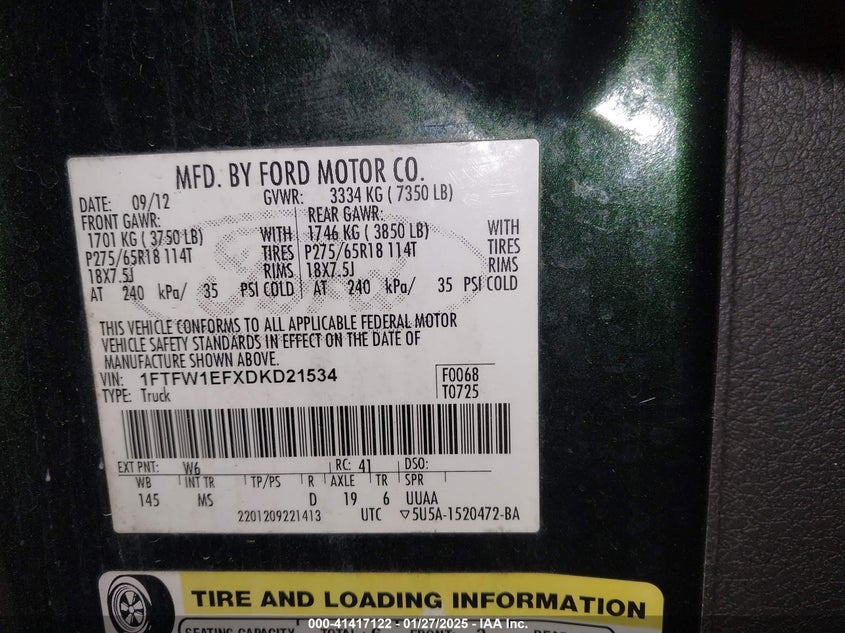 2013 FORD F150 VIN: 1FTFW1EFXDKD21534