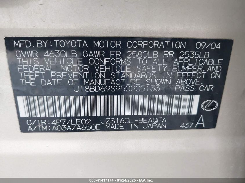 2005 Lexus Gs 300 VIN: JT8BD69S950205133 Lot: 41417174