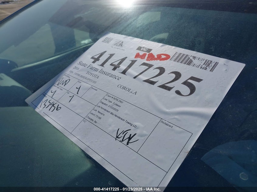 2016 TOYOTA COROLLA VIN: 5YFBURHEXGP551103