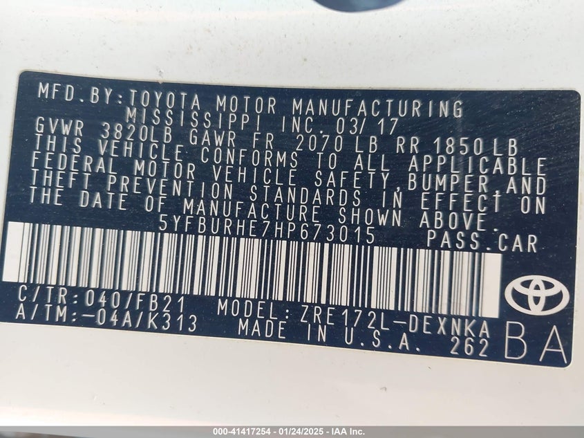 2017 TOYOTA COROLLA VIN: 5YFBURHE7HP673015
