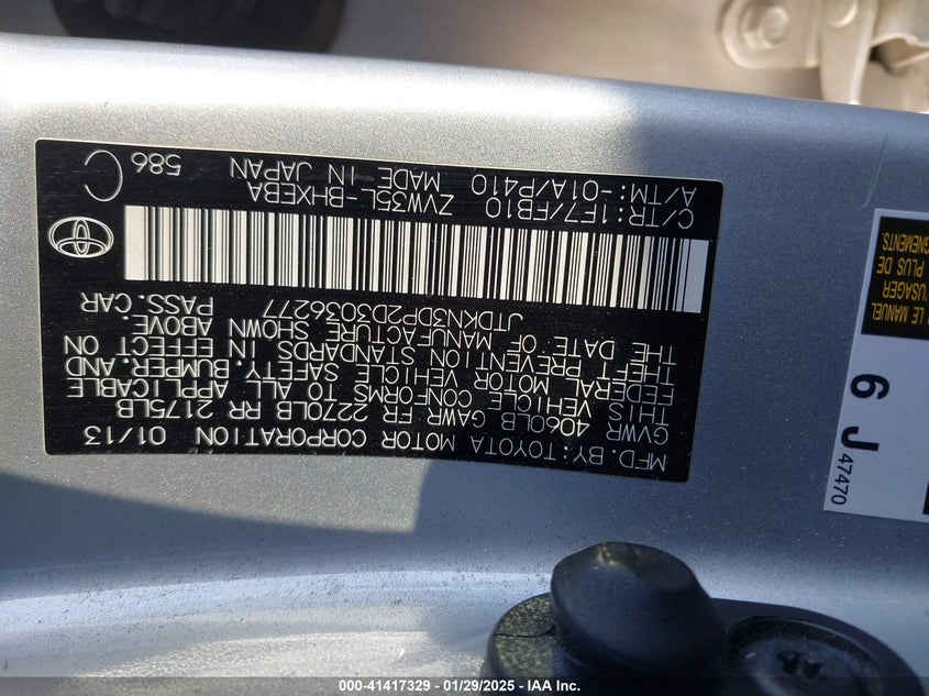 2013 TOYOTA PRIUS PLUG-IN VIN: JTDKN3DP2D3036277
