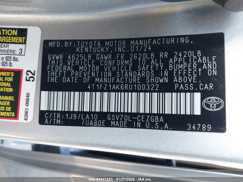 2024 TOYOTA CAMRY VIN: 4T1FZ1AK6RU100322