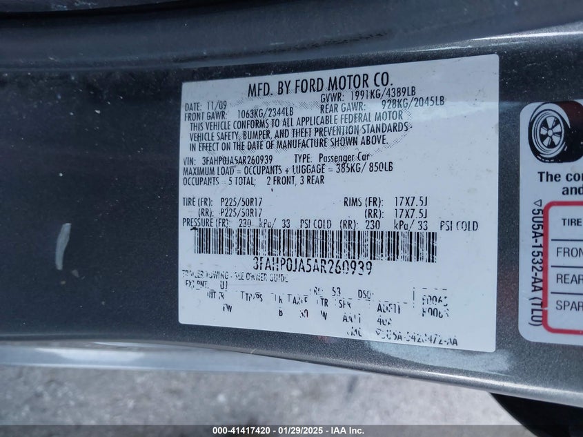 2010 FORD FUSION VIN: 3FAHP0JA5AR260939