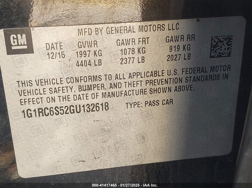 2016 CHEVROLET VOLT VIN: 1G1RC6S52GU132618