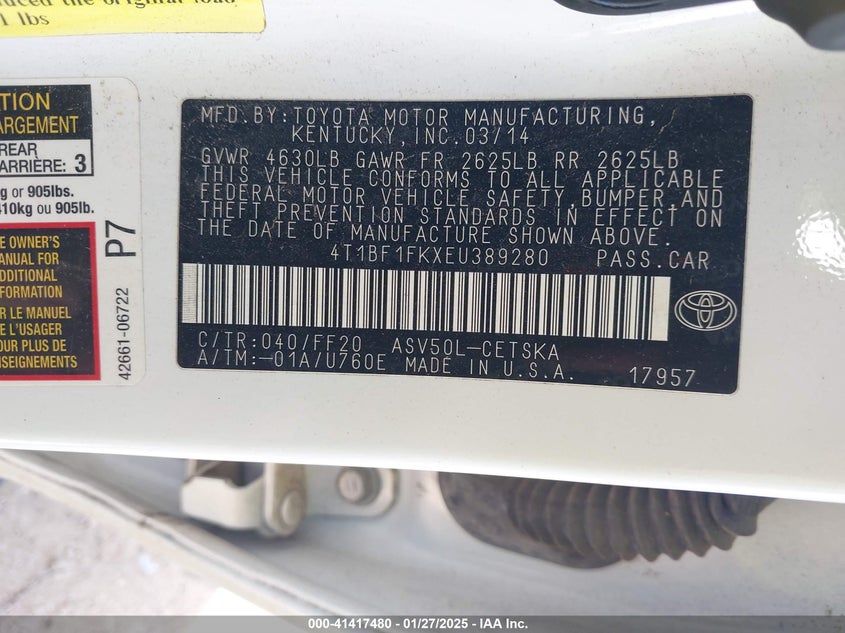 2014 TOYOTA CAMRY VIN: 4T1BF1FKXEU389280