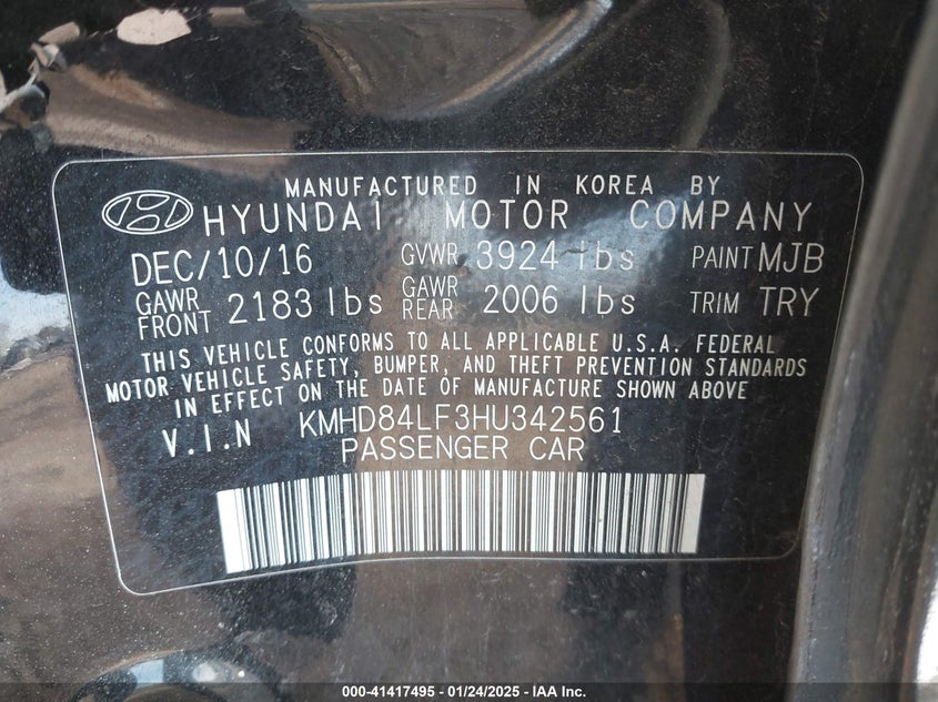 VIN KMHD84LF3HU342561 2017 HYUNDAI ELANTRA VALUE EDITION