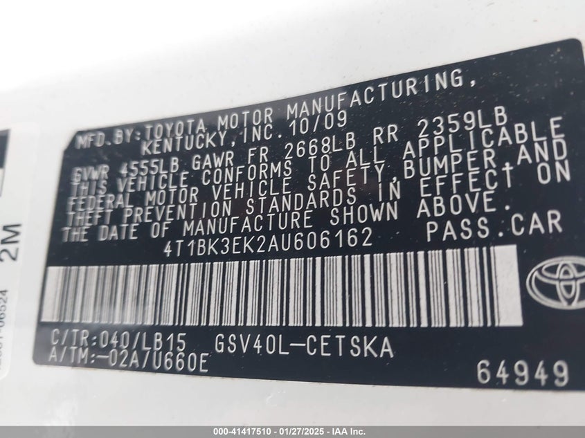 2010 TOYOTA CAMRY VIN: 4T1BK3EK2AU606162