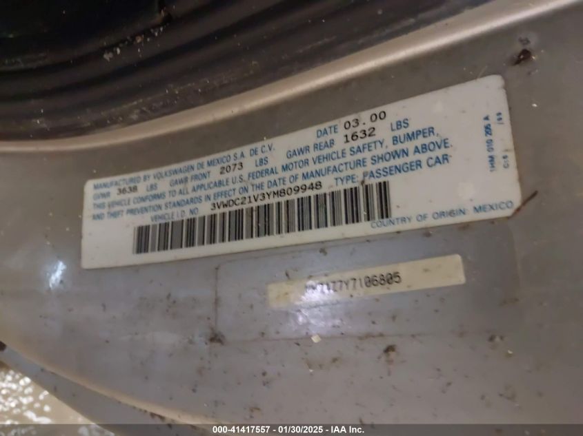 2000 Volkswagen Cabrio Gls VIN: 3BWDC21B3YM809948 Lot: 41417557