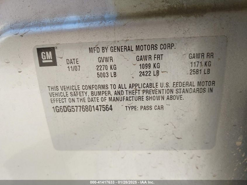 2008 Cadillac Cts Standard VIN: 1G6DG577680147564 Lot: 41417633