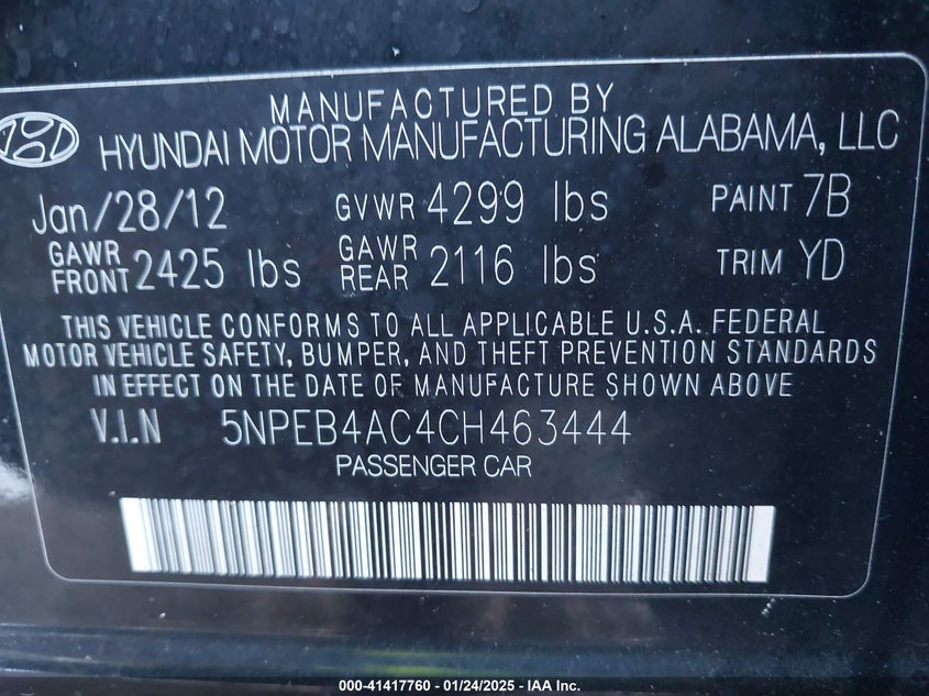 2012 HYUNDAI SONATA VIN: 5NPEB4AC4CH463444