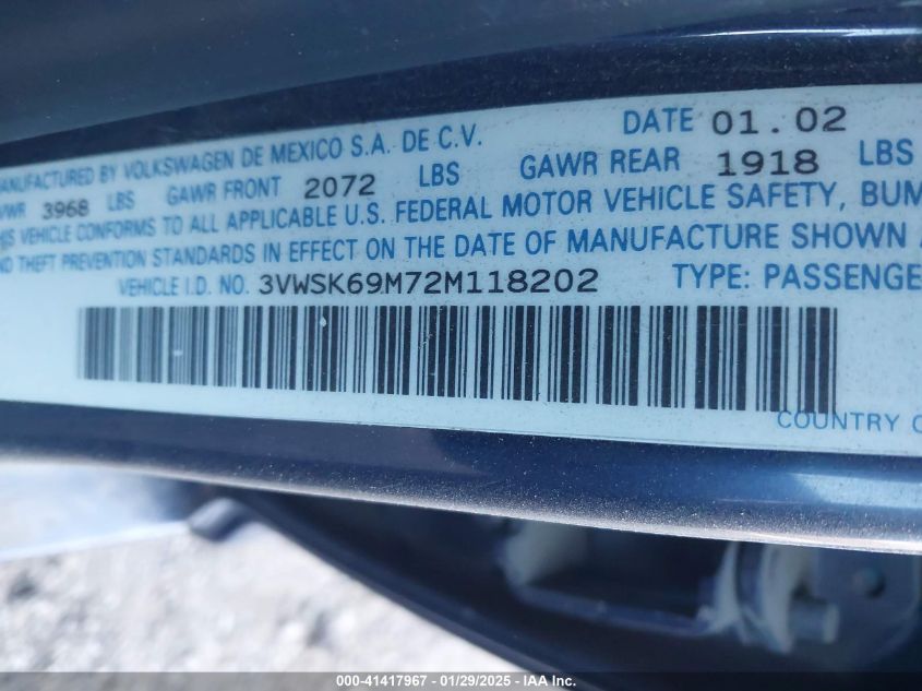 2002 Volkswagen Jetta Gls VIN: 3VWSK69M72M118202 Lot: 41417967
