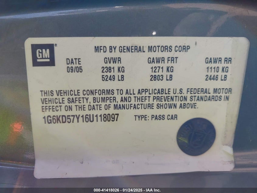 2006 CADILLAC DTS VIN: 1G6KD57Y16U118097