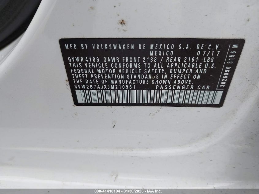 2018 Volkswagen Jetta 1.4T S VIN: 3VW2B7AJXJM210961 Lot: 41418104